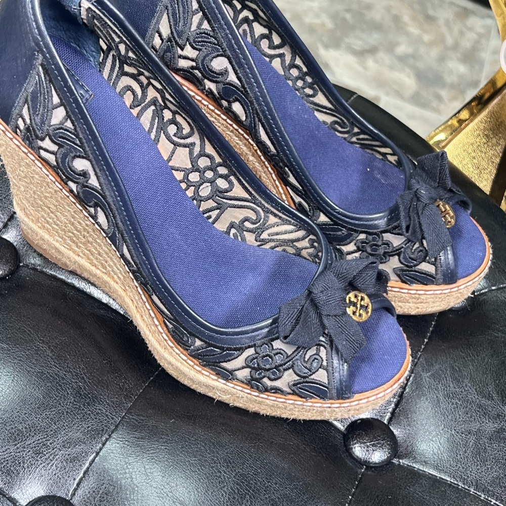 Tory Burch Espadrilles Blue and Black Wedge